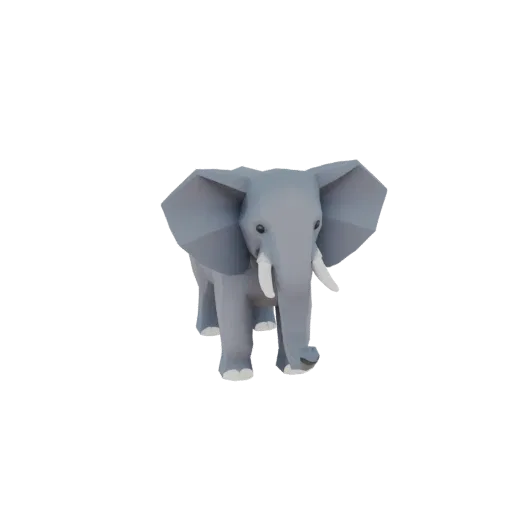 Низкополигональная 3D модель серого слона с большими ушами и бивнями, стоящего на белом фоне.