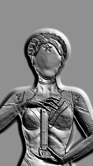 3D модель барельефа "Звезда" в стиле киберпанк, изображающая женщину-андроида с деталями гравюры