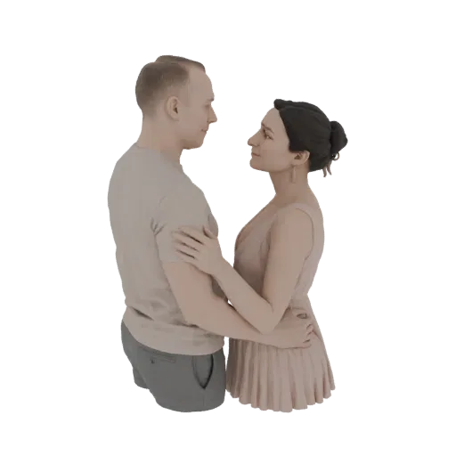 3D модель мужчины и женщины в романтических объятиях, смотрящих друг другу в глаза, отрисована на белом фоне.