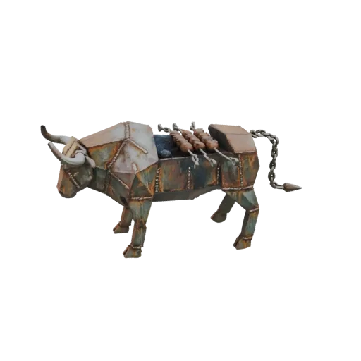 3D модель геометрического гриля в виде быка с деревенской металлической отделкой и тремя шампурами на спине, изолированная на