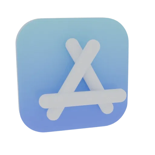 3D модель иконки Apple App Store с сине-фиолетовым градиентным фоном и белым символом 'A'.