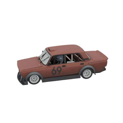 3D модель кастомного коричневого гоночного автомобиля с номером "69" на борту, с гоночными шинами и каркасом безопасности.