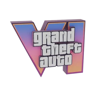 3D-модель логотипа Grand Theft Auto VI с градиентным фоном от розового к оранжевому и белым текстом.
