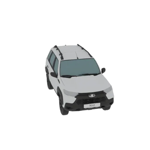 3D модель белого внедорожника Lada Niva Travel, вид с немного приподнятого переднего ракурса.