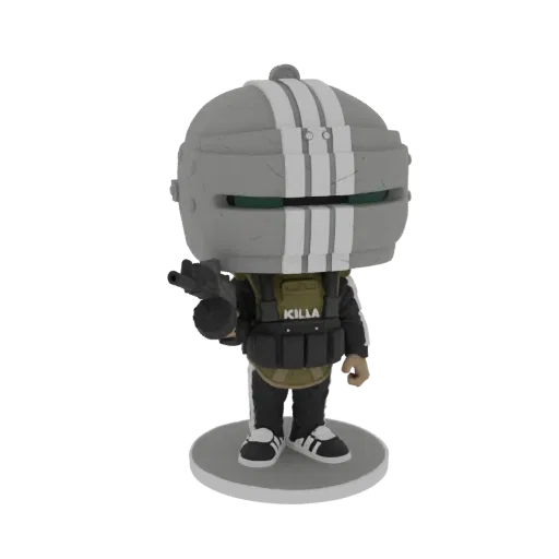 3D модель Тачанки 'Лорд' из Rainbow Six Siege в стиле Funko Pop, в шлеме и с оружием, на подставке.