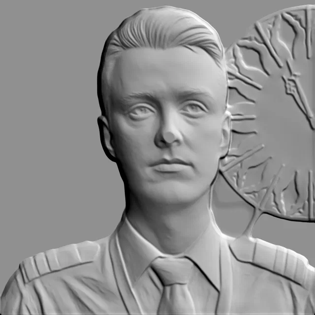 3D модель барельефа молодого человека в форме пилота с элементами медальона на сером фоне