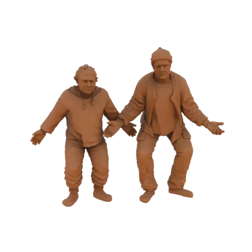 3D рендер двух мужских фигур в повседневной одежде, с вытянутыми руками, с терракотовым покрытием.