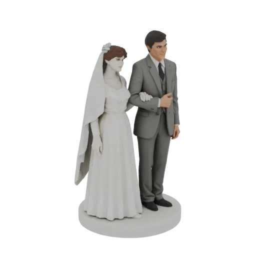 3D модель классической пары молодоженов, невеста в белом платье и фате, жених в сером костюме, стоят рука об руку на круглом