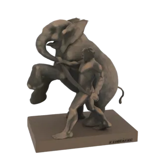 3D-модель бронзовой скульптуры, изображающей мужчину, сражающегося со вздыбленным слоном на прямоугольном основании.