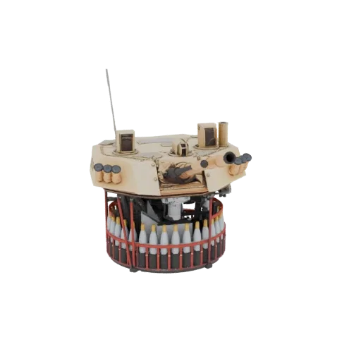 3D модель современной башни танка с открытой каруселью боеприпасов и видимыми снарядами.