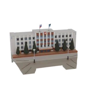 3D модель современного здания больницы с деревьями и уличными фонарями на основании, вид под небольшим углом.