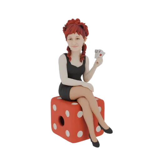 3D модель стилизованной девушки из казино с рыжими волосами, держащей игральные карты и сидящей на большом красном кубике.