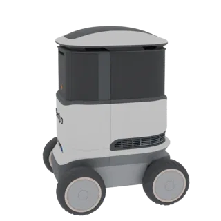 3D модель минималистичного робота-доставщика с белым корпусом и серыми элементами, стоящего на четырех колесах.