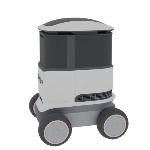 3D модель минималистичного робота-доставщика с белым корпусом и серыми элементами, стоящего на четырех колесах.