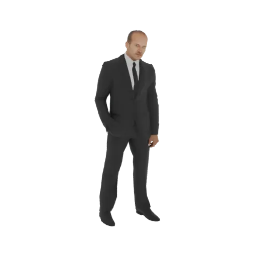 3D модель мужчины в черном костюме, стоящего с левой рукой в кармане и смотрящего на зрителя.
