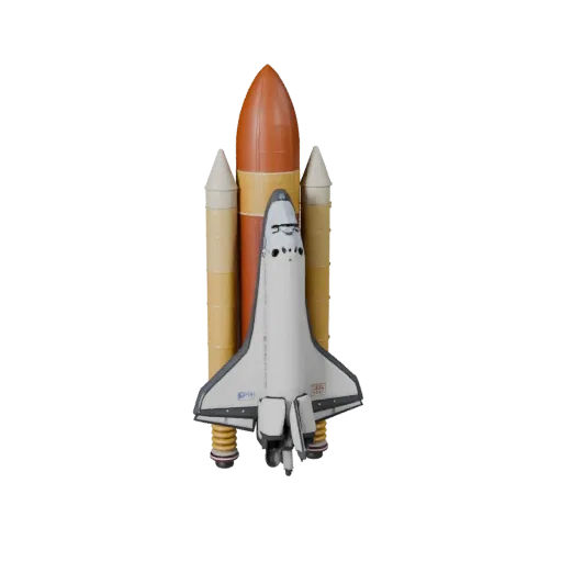 3D модель космического шаттла, вид в окне игры в три четверти, готовый для Unity ресурс транспортного средства с силуэтом мис
