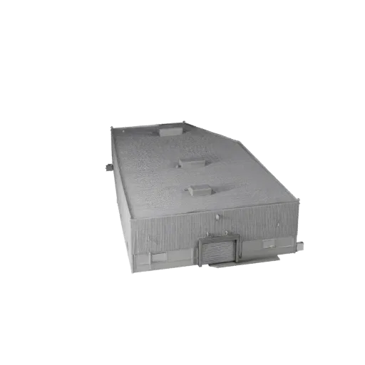Реалистичная 3D модель логистического центра, вид с трех четвертей снаружи, показывающий промышленные строительные материалы