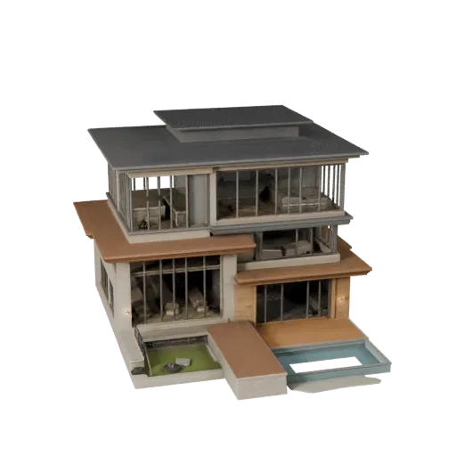 Печатная STL 3D модель виллы класса люкс, изометрический вид, показывающий материалы жилого здания и архитектурные детали