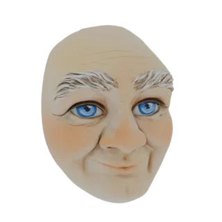 3D модель лица причудливого старика с ярко-голубыми глазами, белыми бровями и дружелюбной улыбкой.