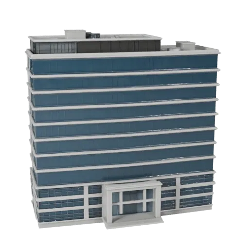 Печатная STL 3D модель штаб-квартиры корпорации, изометрический вид, показывающий материалы коммерческого офисного здания и а