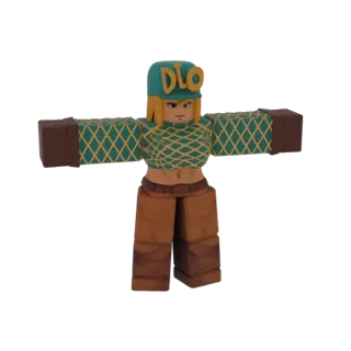 3D-модель Диего Брандо в стиле, вдохновленном Roblox, в бирюзово-желтой рубашке с узором, коричневых штанах и шляпе с надпись