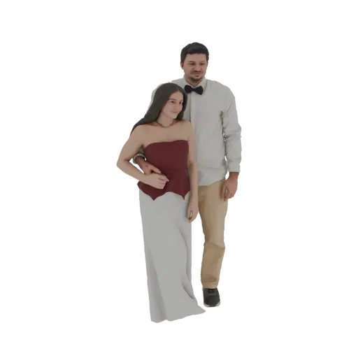 3D модель мужчины в рубашке с бабочкой, обнимающего женщину в платье без бретелек.