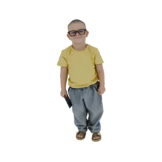 3D модель мальчика в очках с черной оправой, в желтой футболке и синих джинсах, держащего книгу.