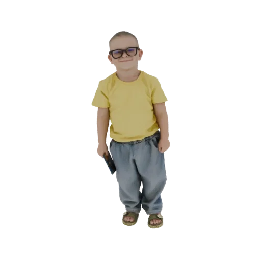 3D модель мальчика в очках с черной оправой, в желтой футболке и синих джинсах, держащего книгу.