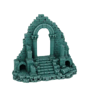 3D model of a weathered, teal-colored ancient stone archway with broken columns and steps, set against a white background.