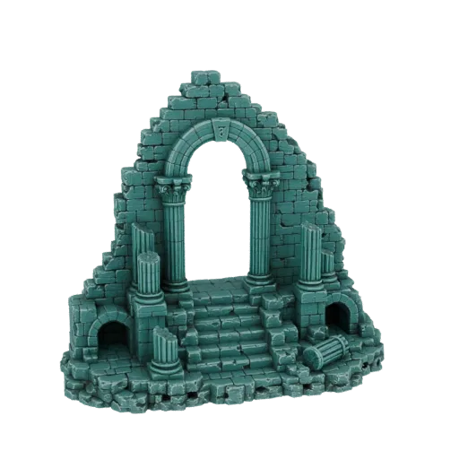 3D model of a weathered, teal-colored ancient stone archway with broken columns and steps, set against a white background.