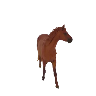 3D модель коричневой лошади в динамичной позе галопа, с развевающейся гривой.