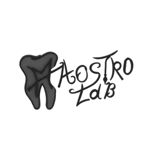 3D модель стилизованного зуба с логотипом 'Maestro Lab', на черном фоне.
