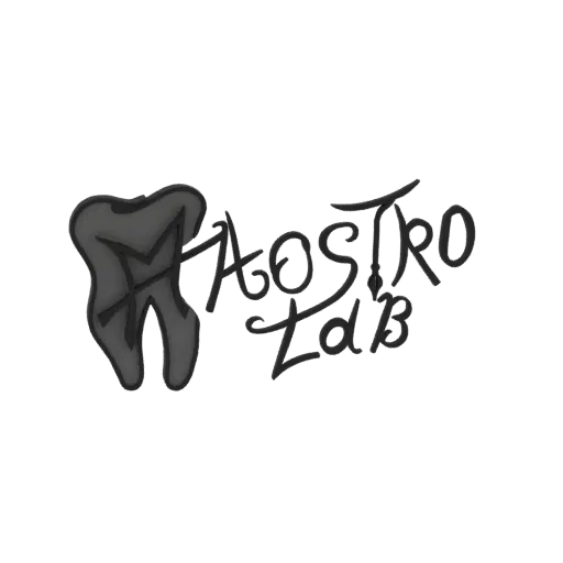 3D модель стилизованного зуба с логотипом 'Maestro Lab', на черном фоне.