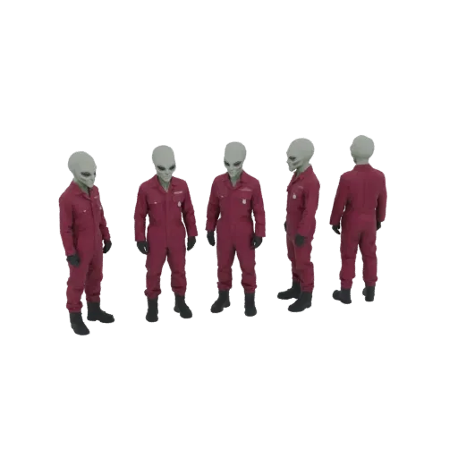 3D рендер пяти серых инопланетян в красных комбинезонах, стоящих в разных позах на белом фоне.