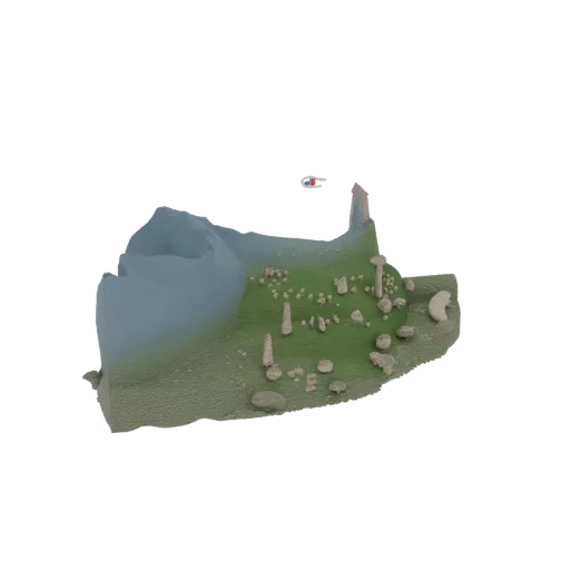 3D модель древнего каменного круга с стоячими камнями и центральной башней на текстурированном ландшафте.