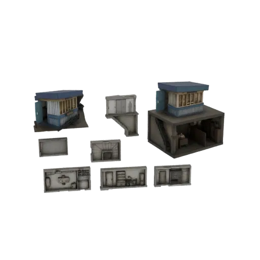3D модель модульного входа в бункер с лестницей и несколькими секциями интерьера, включая будку, склад и жилые помещения.