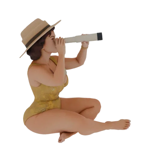 3D-модель винтажной женщины в желтом купальнике и соломенной шляпе, сидящей и смотрящей в телескоп.