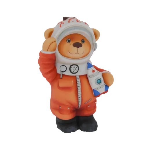 3D модель милого плюшевого медведя в оранжевом скафандре астронавта и шлеме, держащего маленькую ракету.