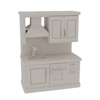 3D-модель миниатюрной современной кухни с раковиной, духовкой и шкафами в нейтральном тоне.