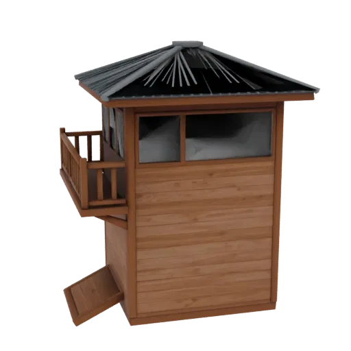 3D модель деревянной пожарной вышки-домика с балконом, стеклянными окнами и гофрированной металлической крышей на черном фоне