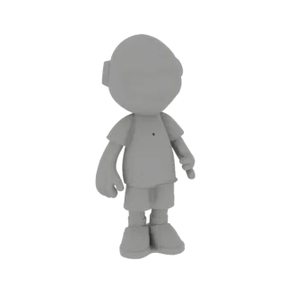 3D модель серого мультяшного мальчика с красной точкой на рубашке, стоящего и смотрящего вперед.