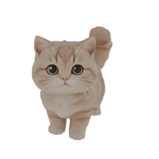 3D рендер милой светло-коричневой мультяшной кошки с большими темными глазами и пушистым хвостом, стоящей и смотрящей вперед.