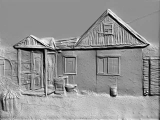 3D модель барельефа старого деревенского дома с верандой, крыльцом и окнами, выполненная в сером цвете