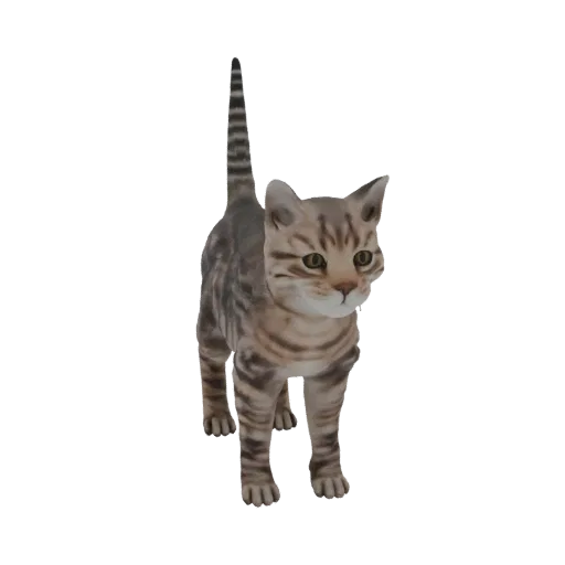 3D-модель стоящего полосатого кота с поднятым хвостом, смотрящего вперед желтыми глазами.