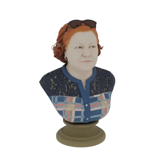 3D рендер бюста женщины с рыжими волосами, солнцезащитными очками и узорчатой рубашкой на пьедестале.