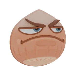A 3D render of a grumpy hazelnut character with blue eyes and a brown shell, looking annoyed.