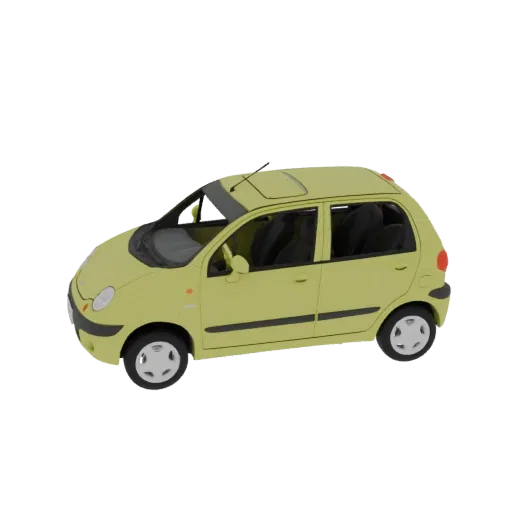 3D модель желтого компактного автомобиля с люком, вид с трехчетвертного ракурса.