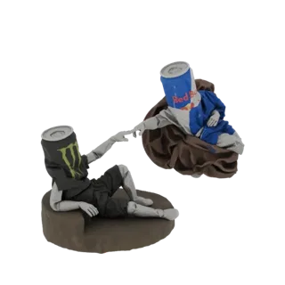 3D модель пародии на Сотворение Адама Микеланджело, с банкой Monster Energy, тянущейся к банке Red Bull.
