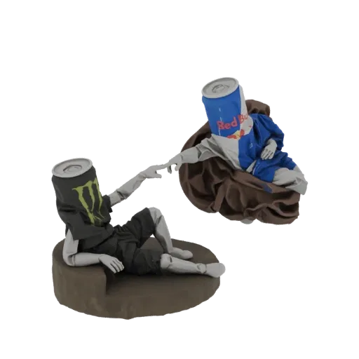 3D модель пародии на Сотворение Адама Микеланджело, с банкой Monster Energy, тянущейся к банке Red Bull.