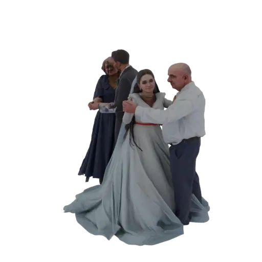 3D модель невесты в голубом платье, танцующей с мужчиной, с двумя сопровождающими в формальной одежде.